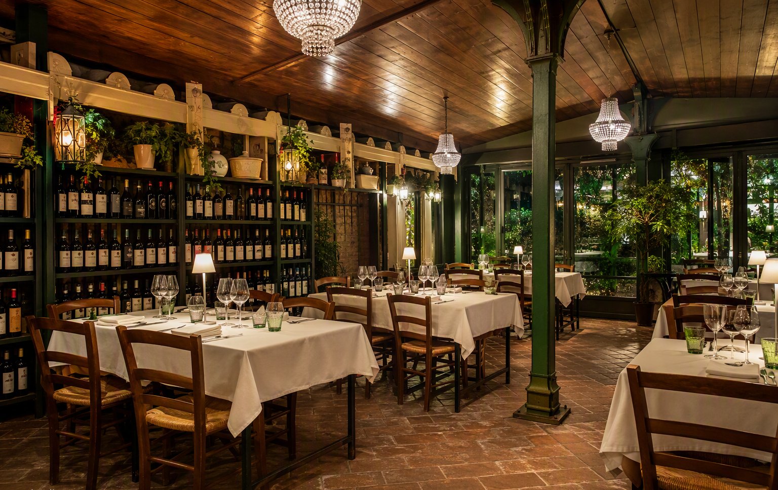 La sala con le colonne verdi e gli scaffali di vino