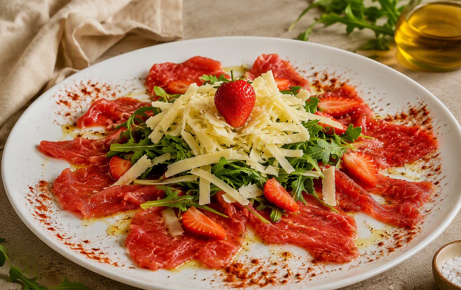 Carpaccio di manzo con fragole e rucola